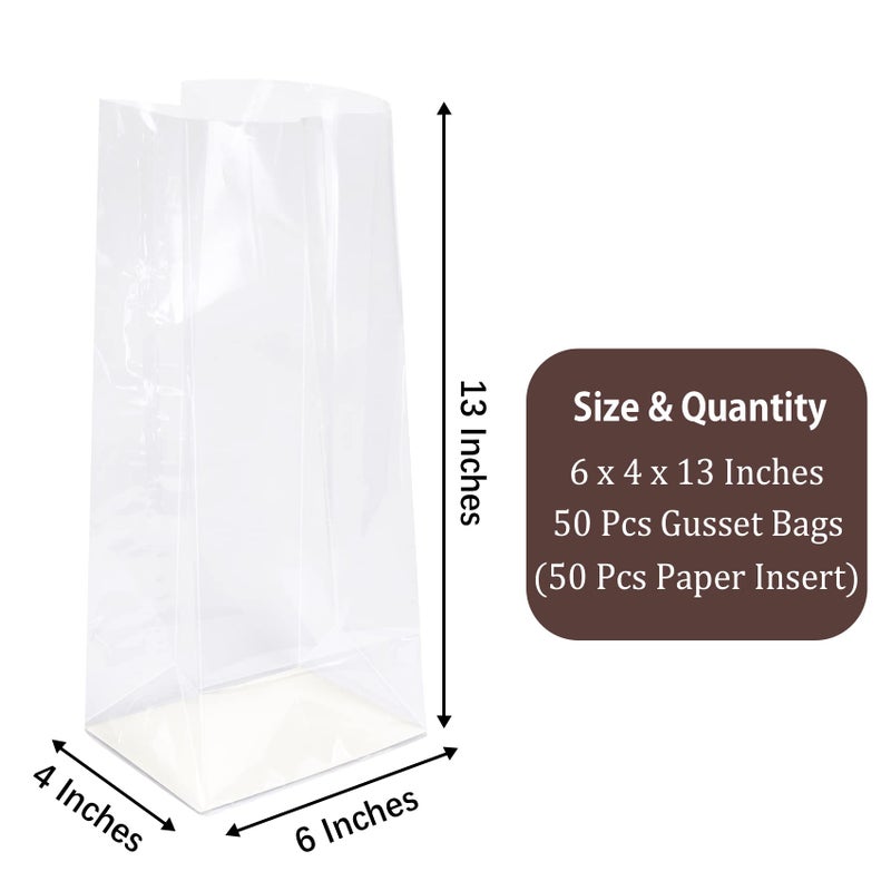 Morepack Gusseted Flat Bottom Cellophane Bags with Paper Insert 50Pcs 6x4x13 Inches Gusseted Cello Bags - Image 2